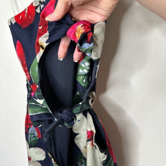 Zara Navy Red White Floral 3 Side Tie One Shoulder Mini Dress Side Zip Medium - Picture 4 of 11